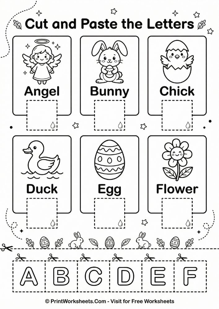 Easter cut and paste letter match worksheet preschool angel bunny chick duck egg flower beginning sounds printable