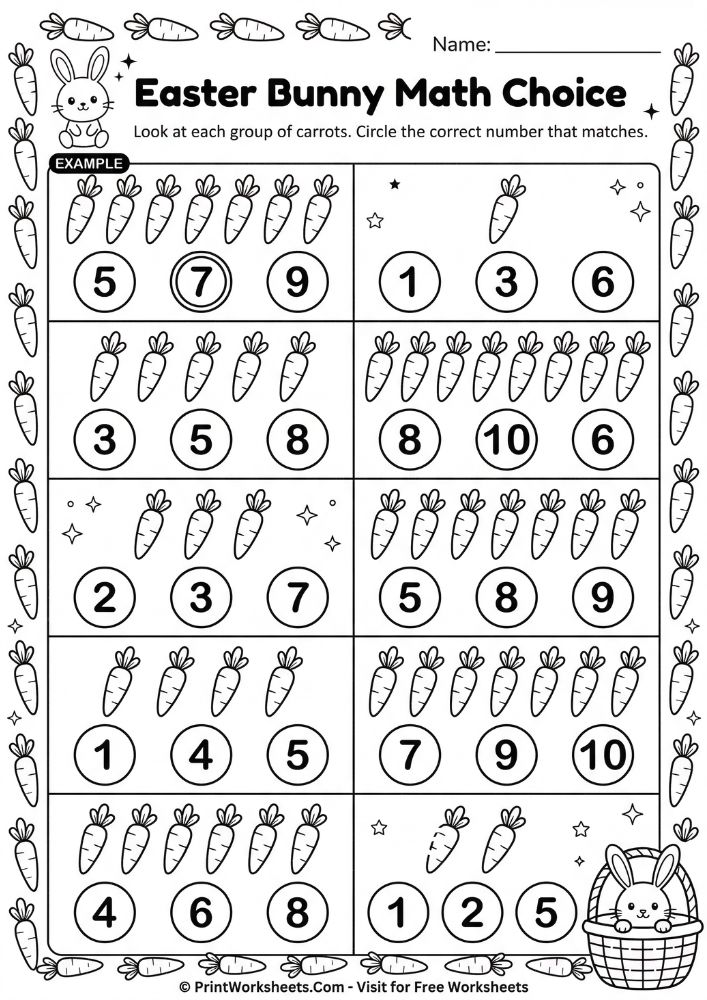 easter math circle correct answer worksheet 1st 2nd grade free printable - multiple choice