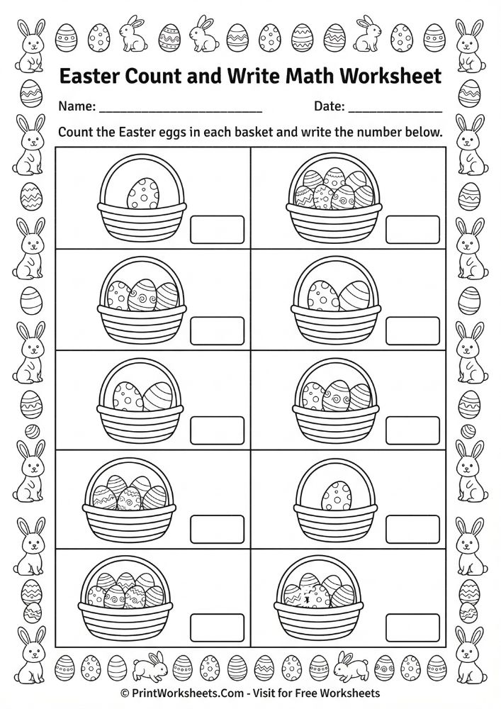 easter math count and write worksheet 1st 2nd grade free printable - count eggs write numbers