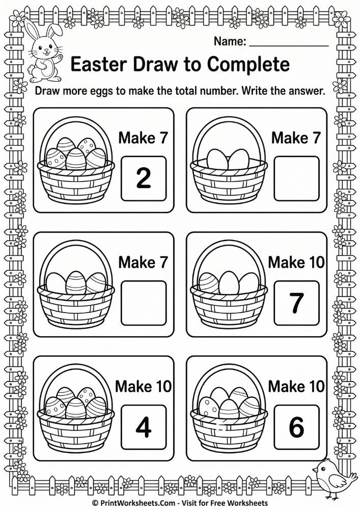 easter math draw and complete worksheet 1st 2nd grade free printable - draw to make number
