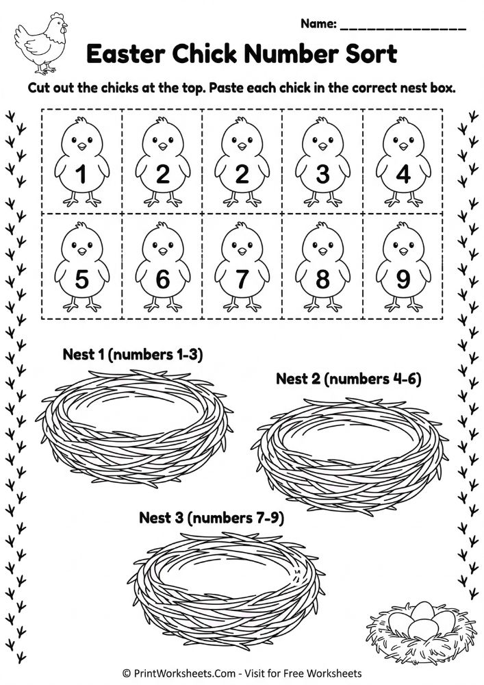easter math cut paste sorting worksheet 1st 2nd grade free printable - sort chicks by number