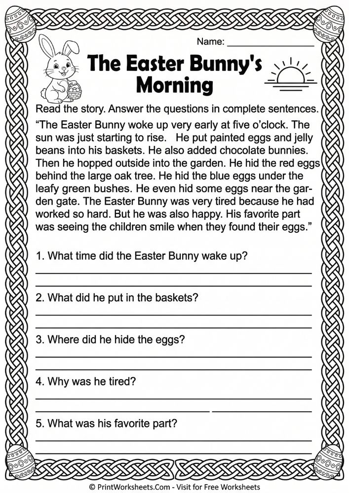 easter reading comprehension worksheet 2nd 3rd grade free printable - bunny morning story with questions