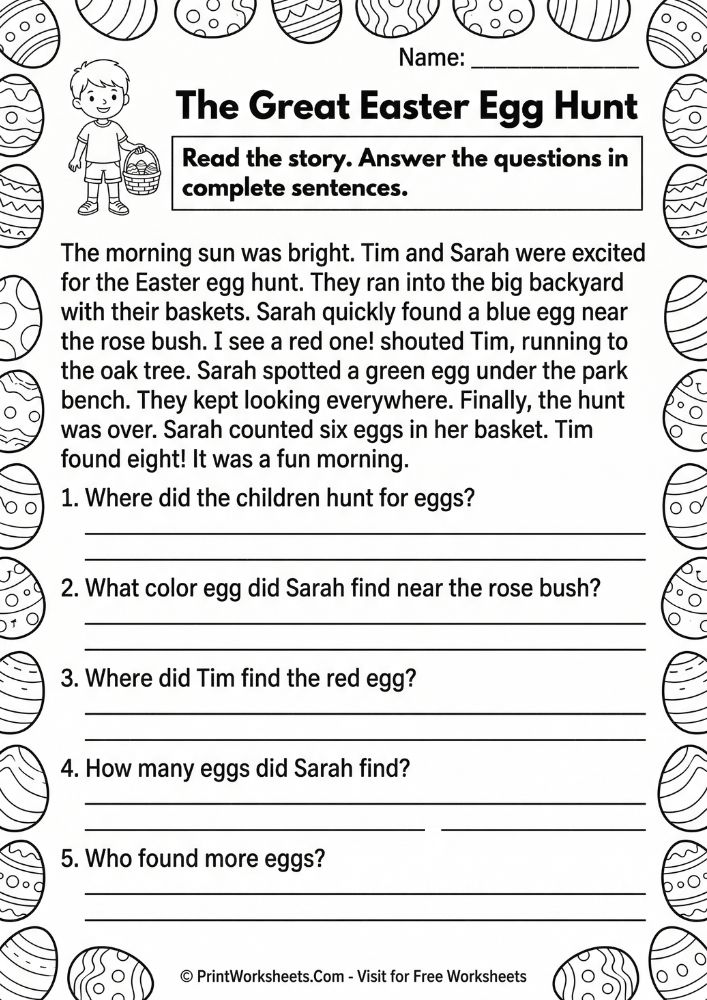 easter reading true false worksheet 2nd 3rd grade free printable - egg hunt comprehension