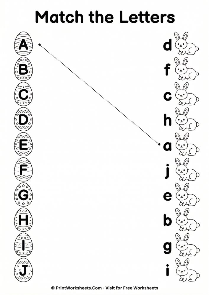 Easter uppercase lowercase letter matching worksheet preschool eggs bunnies alphabet recognition printable activity