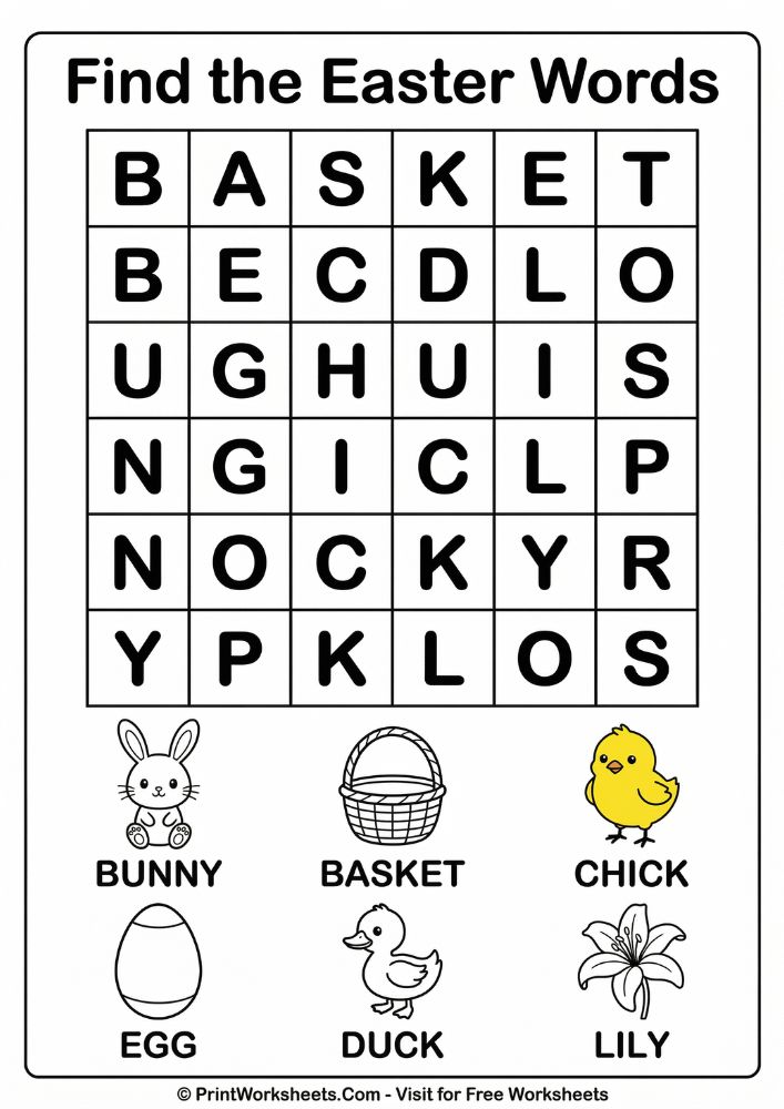 Easter word search simple preschool printable egg bunny chick duck basket lily find words activity sheet