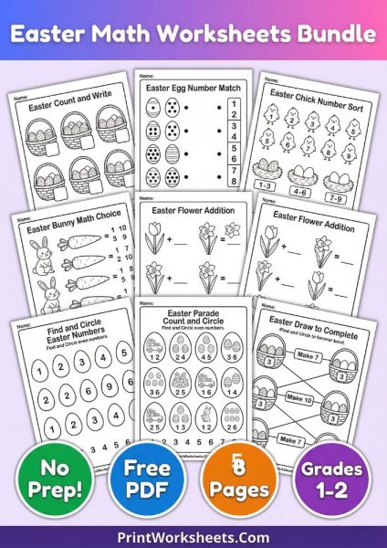 Easter Math Worksheets Grade 2 Free – 10 Page PDF Bundle