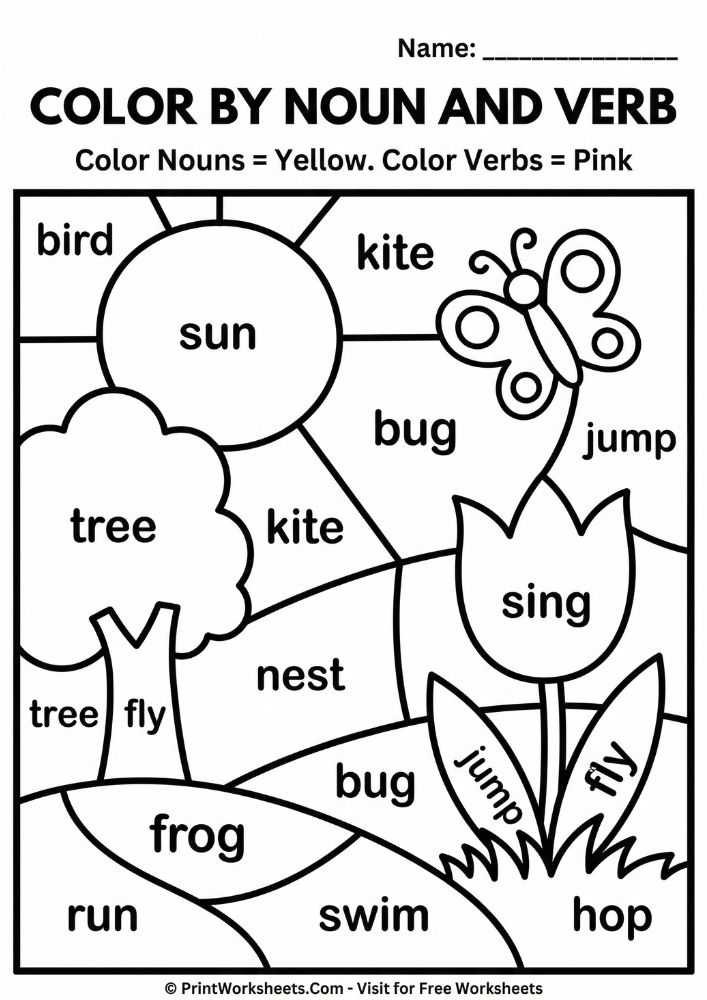 spring nouns verbs color code worksheet