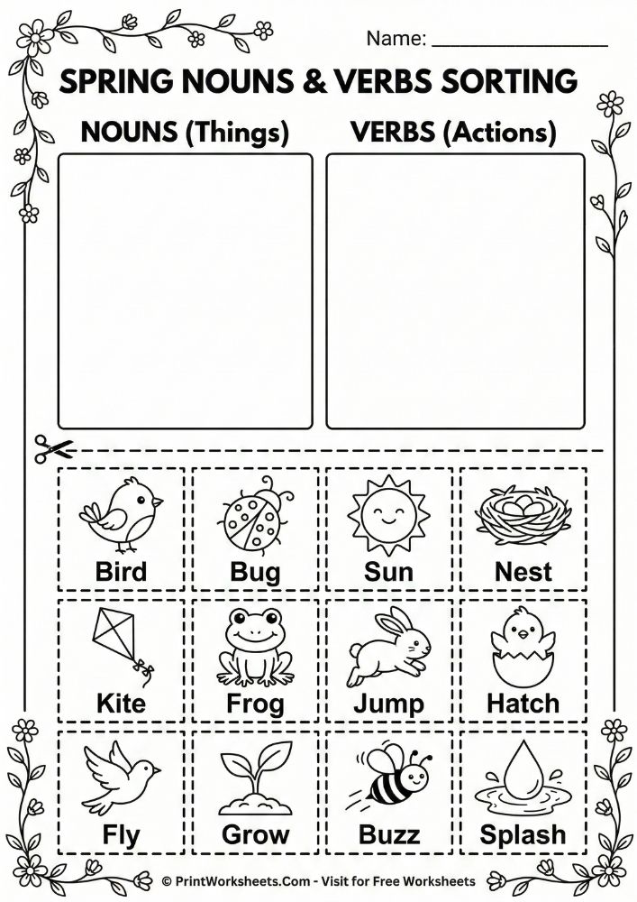 spring nouns verbs cut paste worksheet