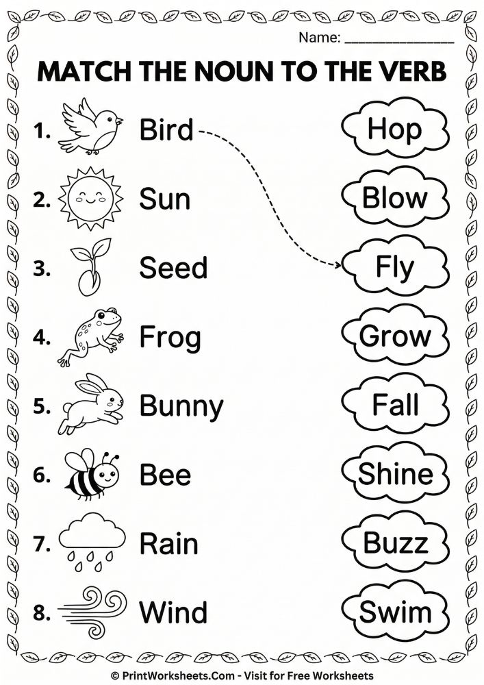 spring nouns verbs matching worksheet