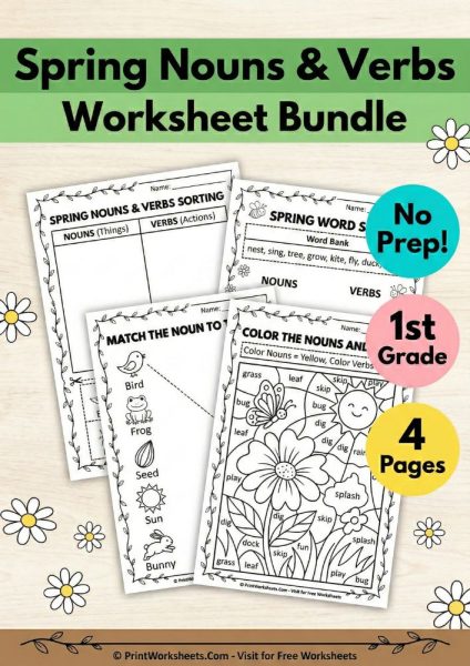 Spring Nouns and Verbs Sorting Worksheets for 1st Grade