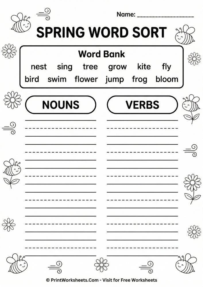 spring nouns verbs word bank worksheet
