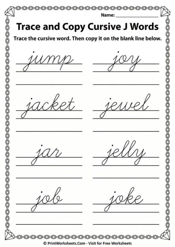 Cursive J Worksheet PDF – Free Handwriting Practice