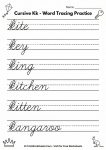 Cursive letter K words tracing worksheet