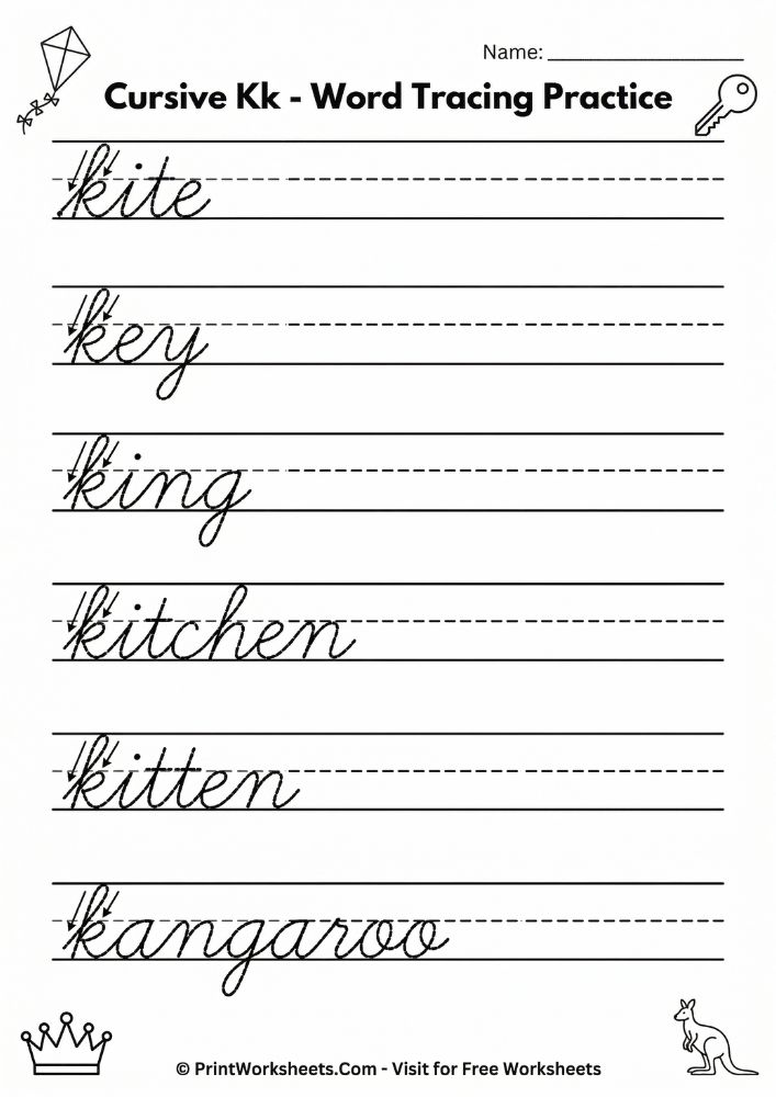 Cursive letter K words tracing worksheet