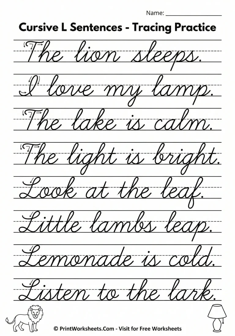 Cursive L sentences tracing worksheet
