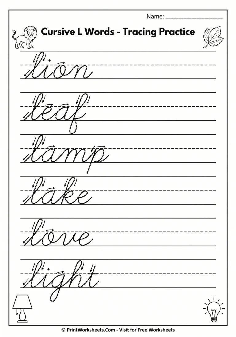 Cursive letter L words tracing practice