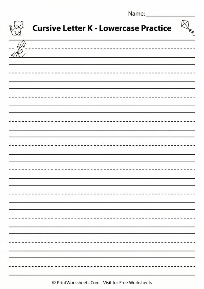 Cursive Letter K Worksheet Free Printable PDF – Uppercase & Lowercase Practice - Worksheet Image