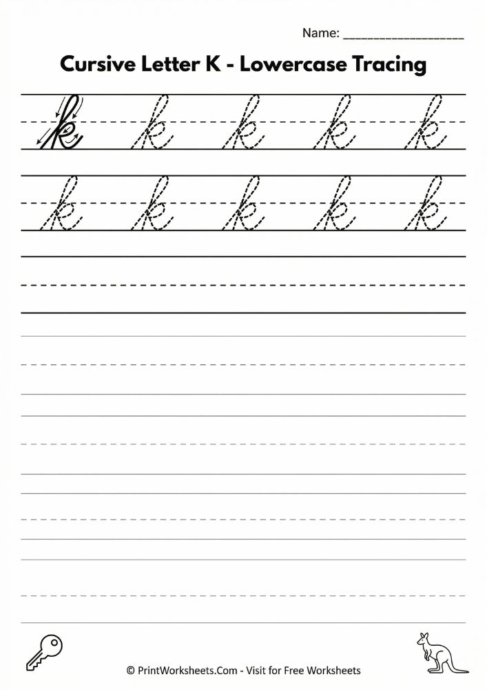 Lowercase cursive k tracing worksheet