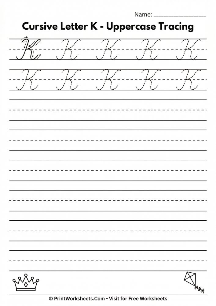 Uppercase cursive K tracing worksheet