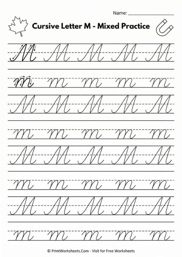 Mixed Cursive 3rd Grade Cursive M Worksheets PDF: Uppercase & Lowercase