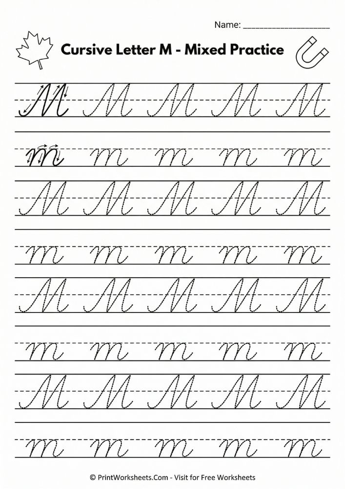 Cursive letter M mixed case tracing practice