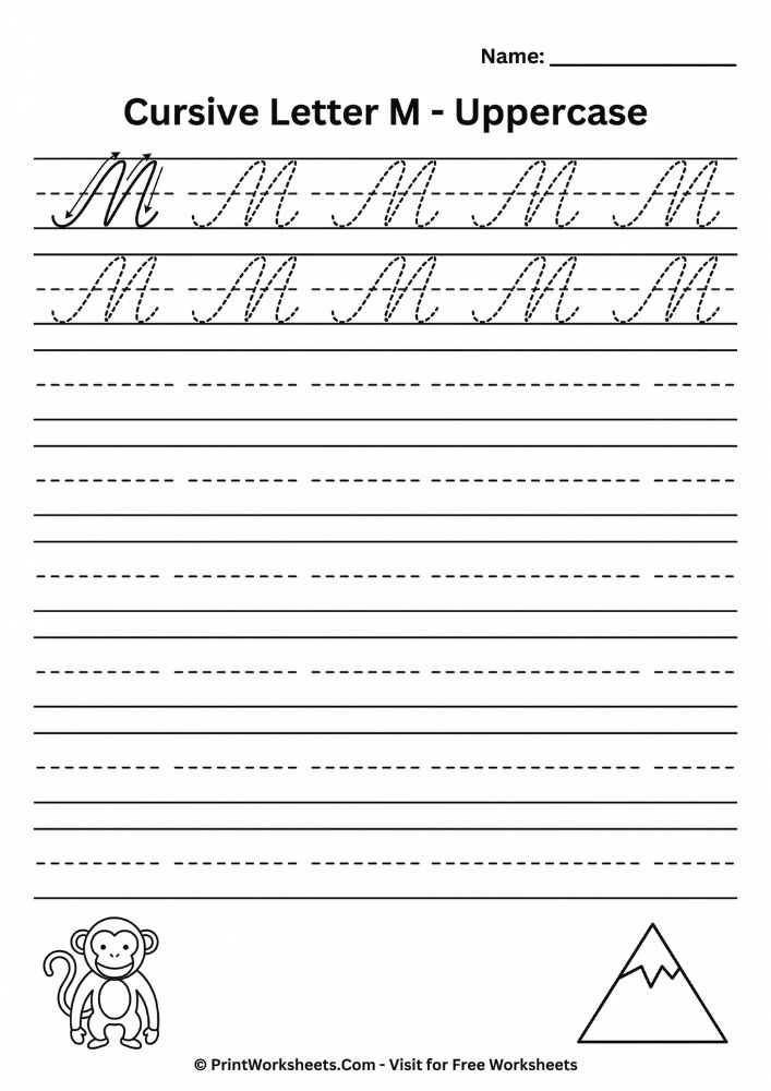 Uppercase cursive M tracing worksheet