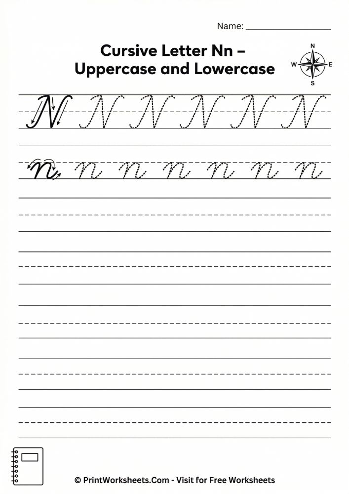 Cursive letter N combined uppercase lowercase tracing