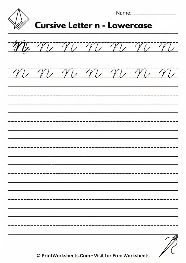 Lowercase cursive n tracing worksheet free printable