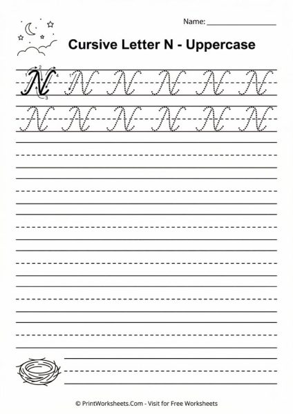 Cursive Letter N Worksheet – Free Printable Upper & Lowercase PDF