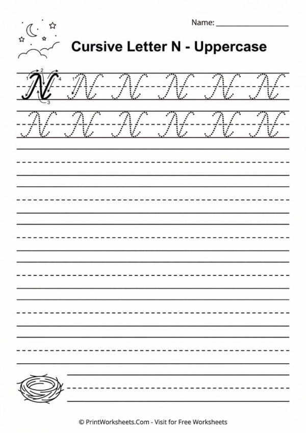 Cursive Letter N Worksheet – Free Printable Upper & Lowercase PDF
