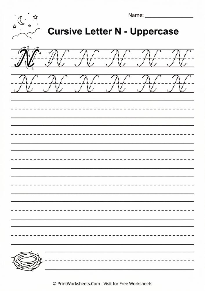 Uppercase cursive N tracing worksheet free printable