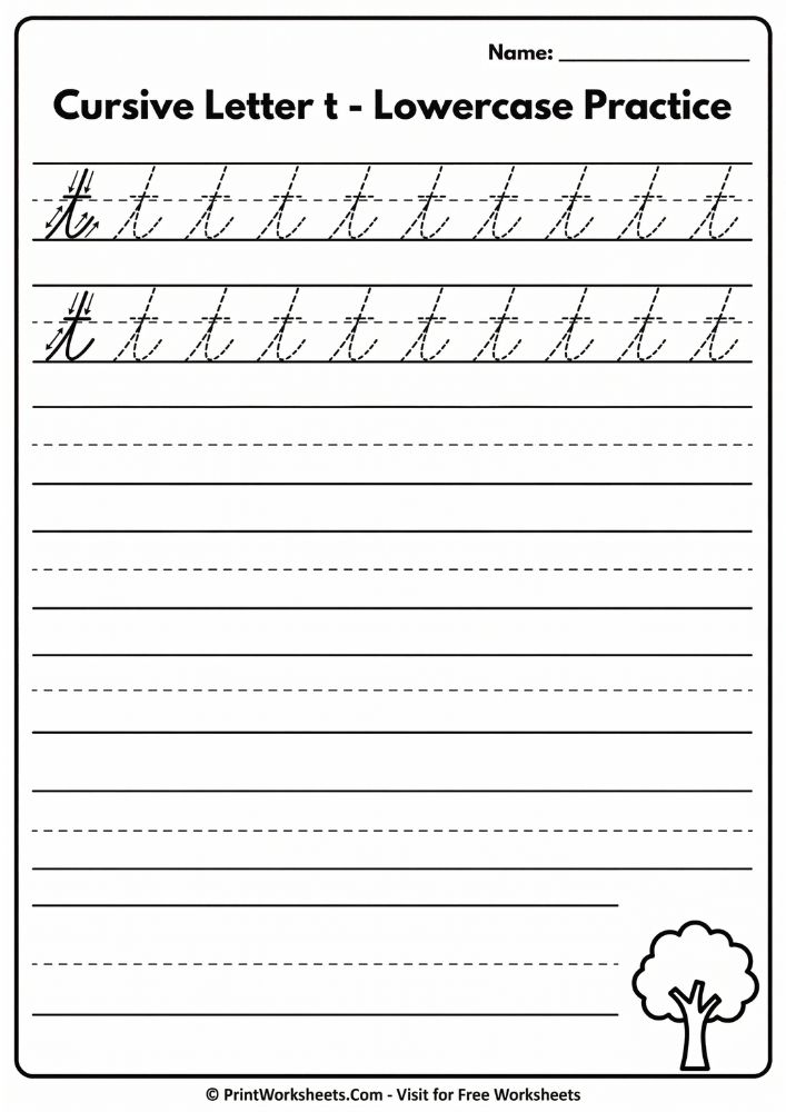Cursive_Lowercase_t_Tracing_Practice Cursive lowercase letter t tracing practice worksheet with stroke guides and handwriting lines for 3rd grade