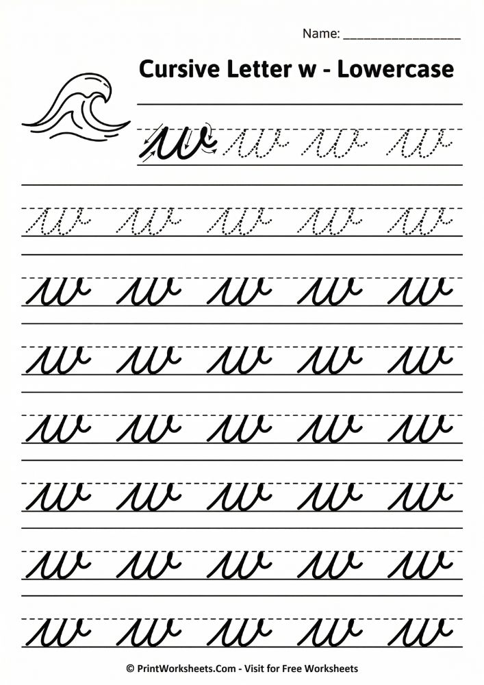 Cursive lowercase letter w tracing practice worksheet with stroke guides and handwriting lines for 3rd grade students
