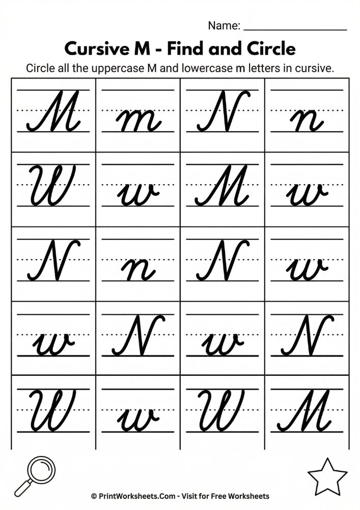 Cursive M find and circle letter recognition