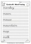 Cursive M words tracing worksheet monkey moon