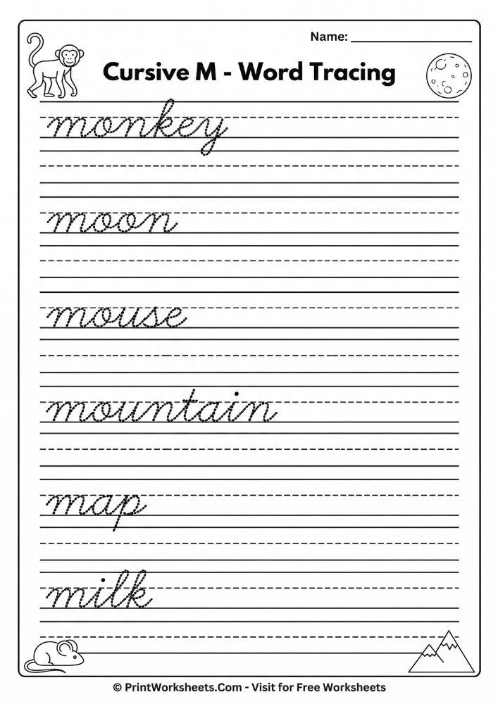 Cursive M words tracing worksheet monkey moon