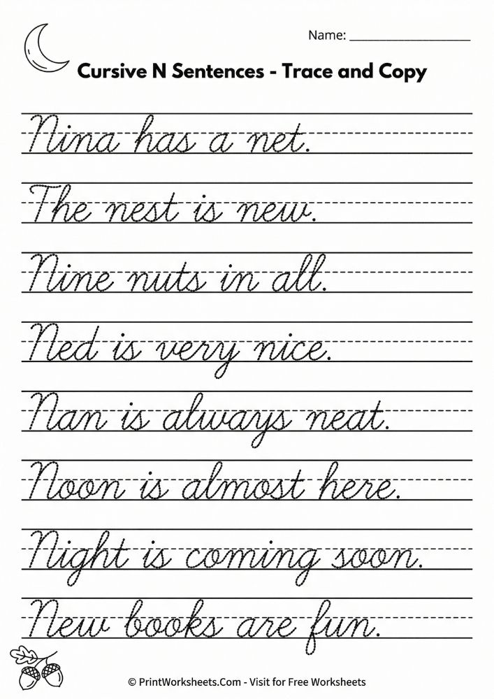 Cursive letter N independent writing practice lines