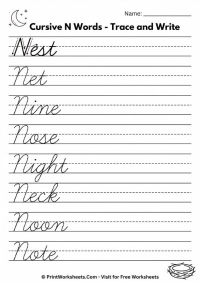 Cursive Letter N Worksheet – Free Printable Upper & Lowercase PDF