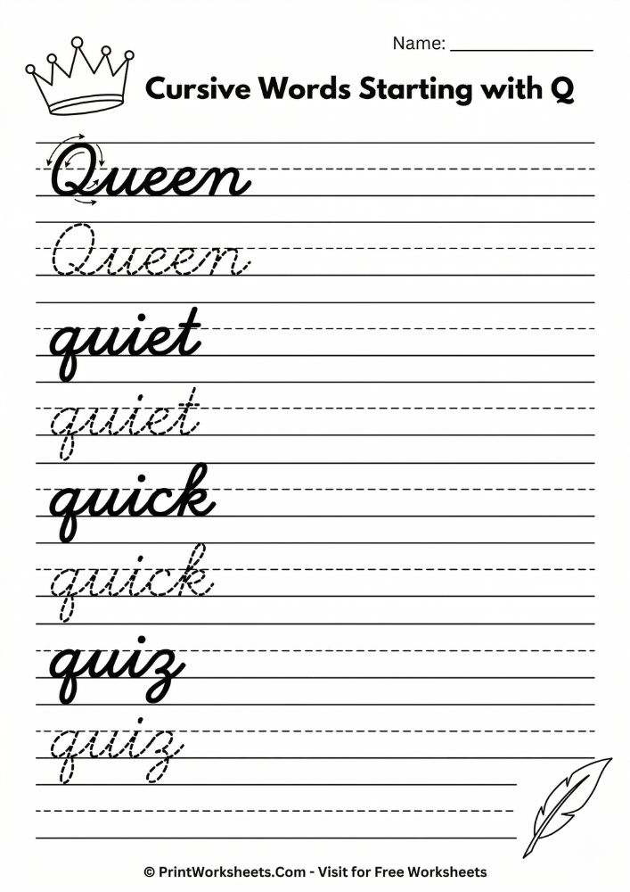 cursive writing Q Word tracing practice pdf