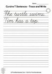Cursive letter T sentence tracing worksheet - practice writing complete sentences in cursive handwriting