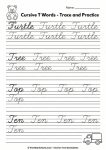 Cursive T words tracing practice - trace turtle tree top ten in cursive handwriting worksheet
