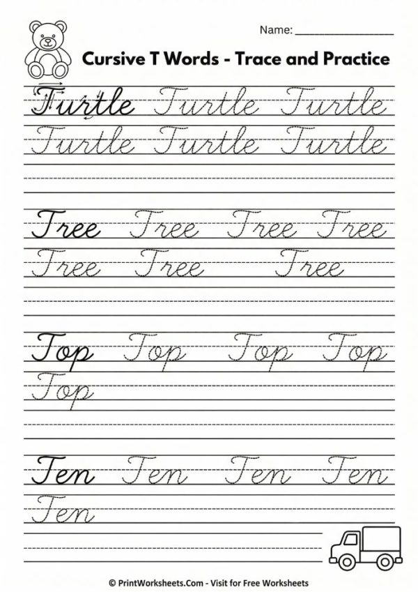 Cursive Letter T Worksheet – Free Printable | PrintWorksheets.com