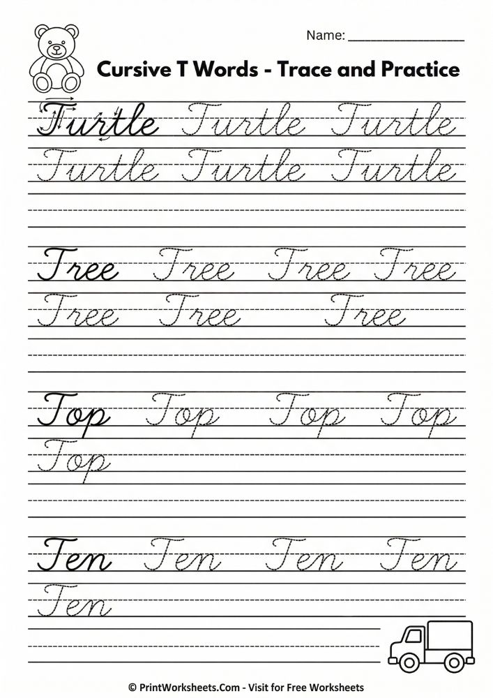 Cursive_Tt_Word_Tracing_Practice Cursive T words tracing practice - trace turtle tree top ten in cursive handwriting worksheet