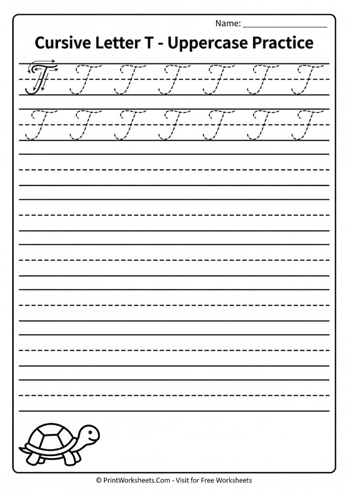 Cursive_Uppercase_T_Tracing_Practice Cursive uppercase letter T tracing worksheet with proper stroke formation guides for handwriting practice