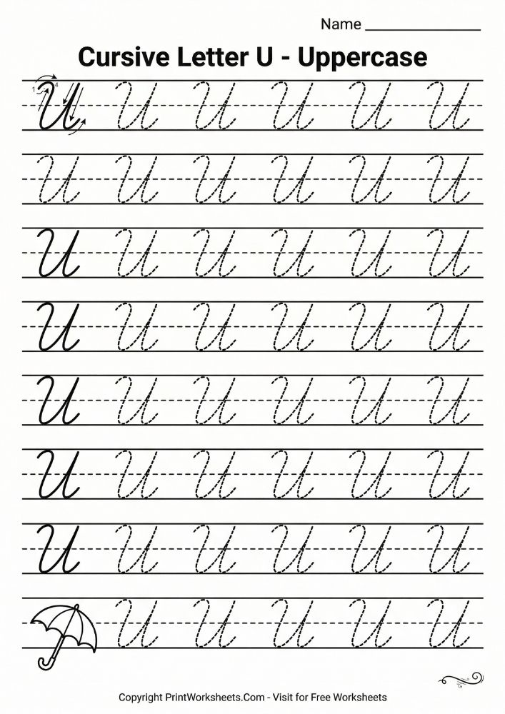 Cursive_Uppercase_U_Tracing_Practice Cursive uppercase letter U tracing worksheet with stroke guides and handwriting practice lines for elementary students