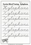 Cursive xylophone word tracing worksheet with guided practice lines for cursive letter x in context