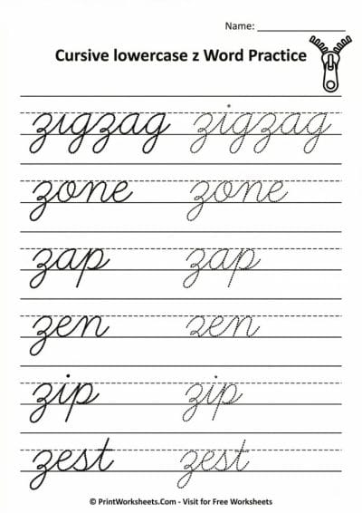 Cursive Letter Z Worksheet Free Printable PDF | PrintWorksheets.com