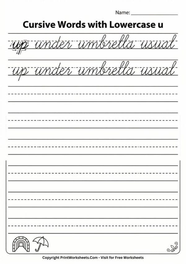 Cursive Letter U Worksheet – Free Printable PDF for Kids
