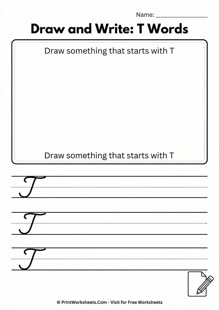 Draw_and_Write_Cursive_T_Activity Draw and write cursive T activity - creative handwriting practice worksheet for letter T words