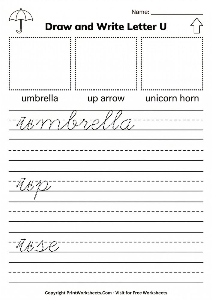 Draw_and_Write_Cursive_U_Practice Draw and write cursive letter U activity - creative handwriting worksheet with umbrella up arrow unicorn horn prompts